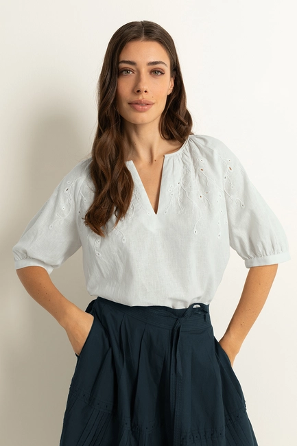 Linnen-katoen blouse met bladmotief